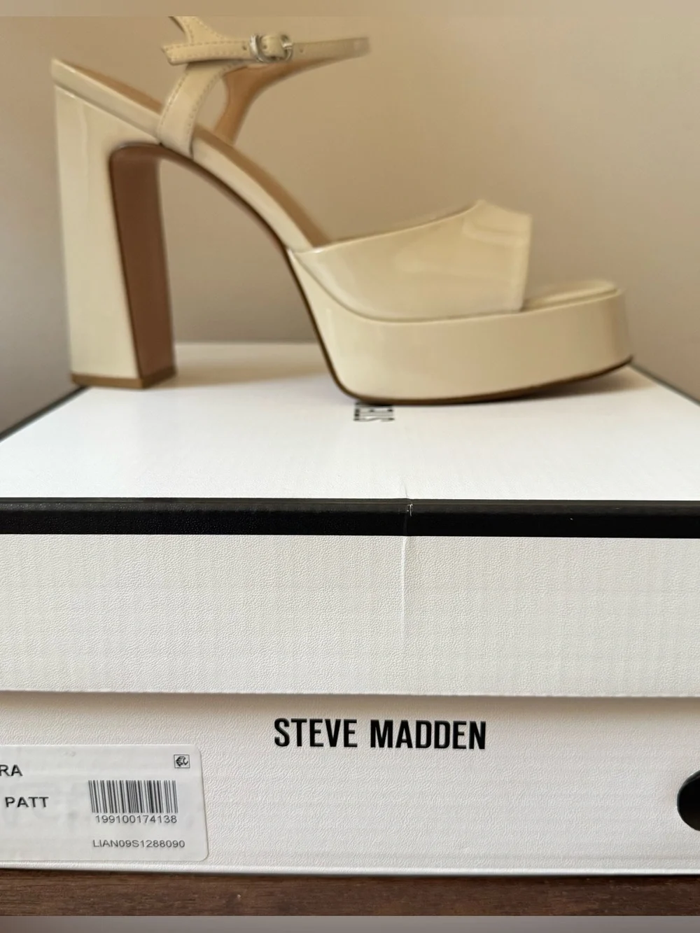 Steve Madden Ivory Patent Platform Block Heel Sandal.       #14